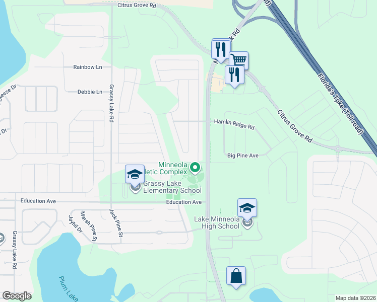 map of restaurants, bars, coffee shops, grocery stores, and more near 541 Woods Landing Drive in Minneola