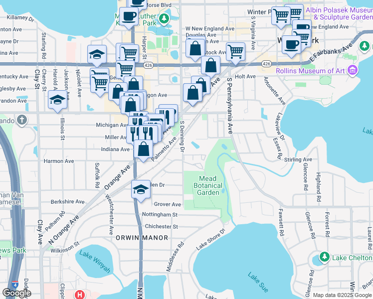 map of restaurants, bars, coffee shops, grocery stores, and more near 700 Melrose Avenue in Winter Park