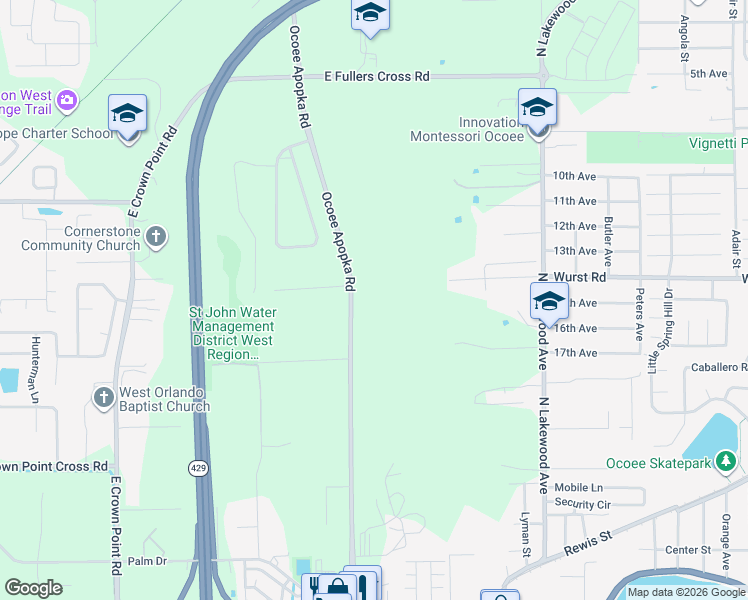 map of restaurants, bars, coffee shops, grocery stores, and more near 1305 Ocoee Apopka Road in Ocoee