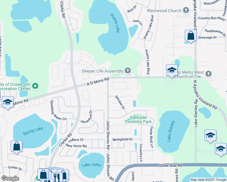 map of restaurants, bars, coffee shops, grocery stores, and more near 2195 Stefanshire Avenue in Ocoee