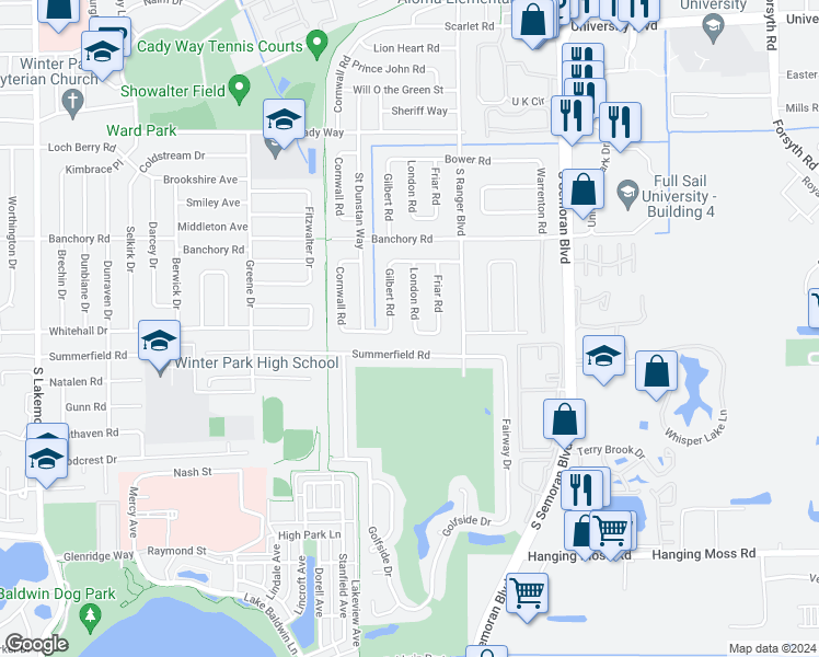 map of restaurants, bars, coffee shops, grocery stores, and more near 759 London Road in Winter Park