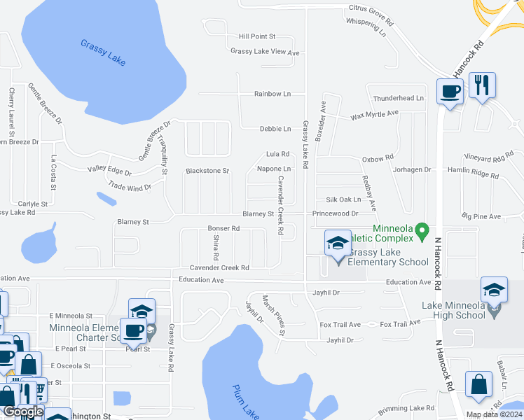 map of restaurants, bars, coffee shops, grocery stores, and more near 1316 Blarney Street in Minneola