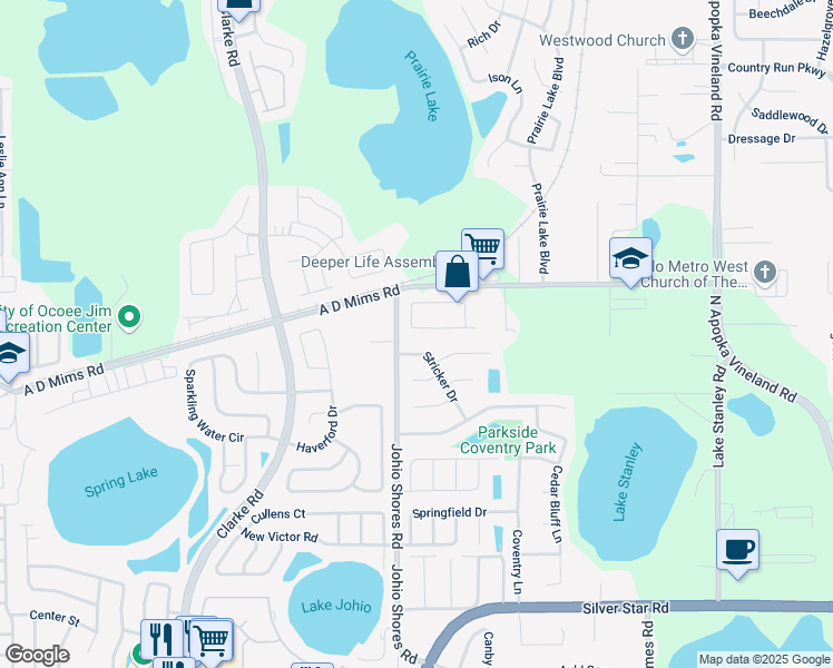 map of restaurants, bars, coffee shops, grocery stores, and more near 2195 Stefanshire Avenue in Ocoee