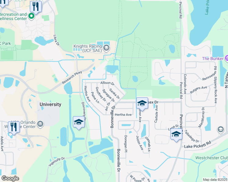 map of restaurants, bars, coffee shops, grocery stores, and more near 2827 Sanka Drive in Orlando