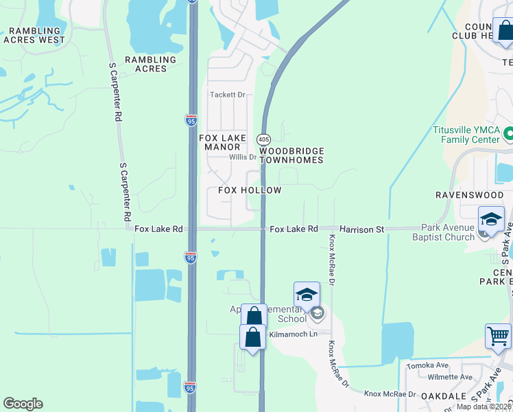 map of restaurants, bars, coffee shops, grocery stores, and more near 3506 Fox Hollow Drive in Titusville