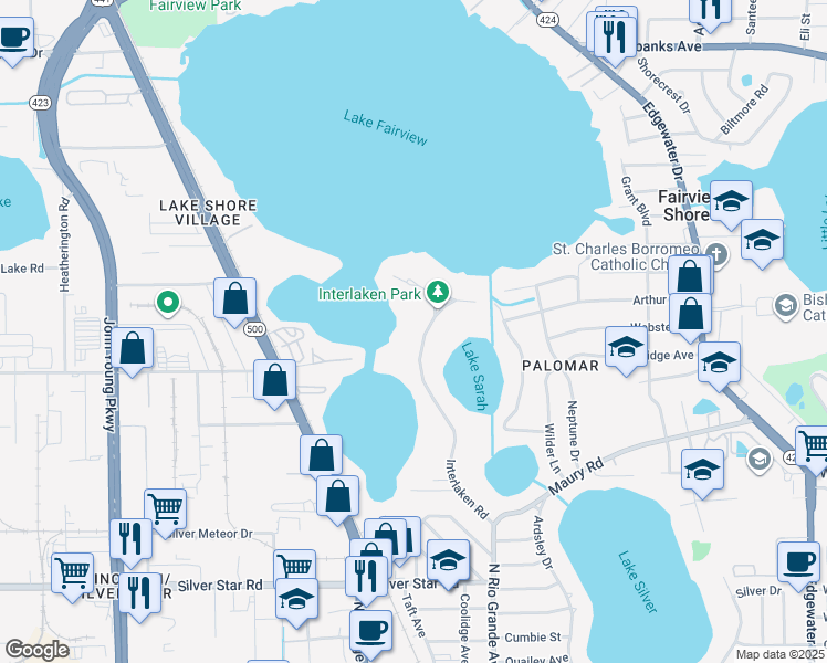 map of restaurants, bars, coffee shops, grocery stores, and more near 51 Interlaken Road in Orlando
