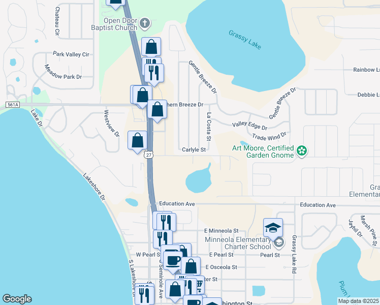 map of restaurants, bars, coffee shops, grocery stores, and more near 136 Carlyle Street in Minneola