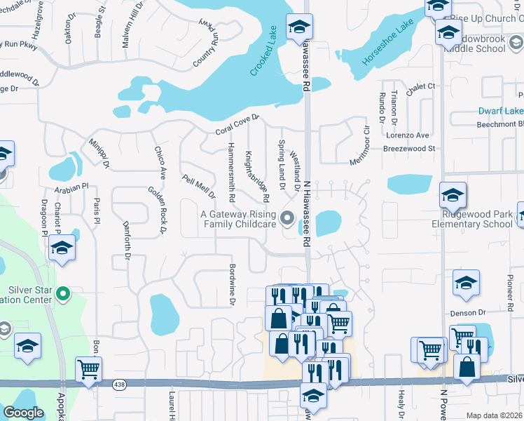 map of restaurants, bars, coffee shops, grocery stores, and more near 3117 Knightsbridge Road in Orlando
