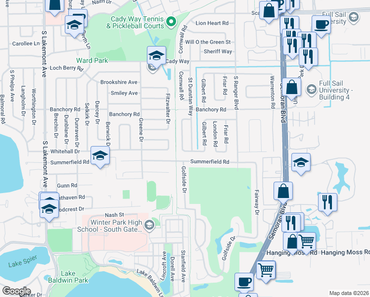 map of restaurants, bars, coffee shops, grocery stores, and more near 742 Saint Dunstan Way in Winter Park
