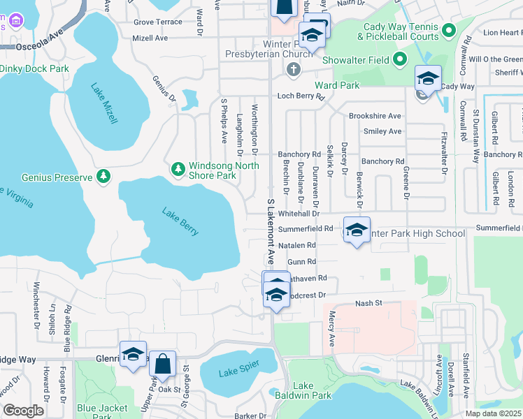 map of restaurants, bars, coffee shops, grocery stores, and more near 1835 Whitehall Drive in Winter Park