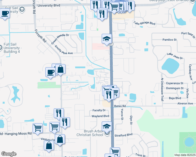 map of restaurants, bars, coffee shops, grocery stores, and more near 3275 Forest Oaks Court in Winter Park