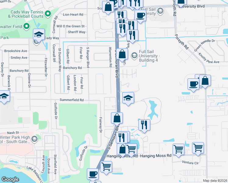 map of restaurants, bars, coffee shops, grocery stores, and more near 747 Warrenton Road in Winter Park