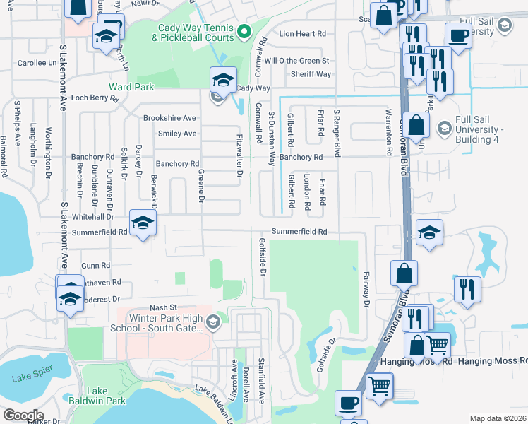 map of restaurants, bars, coffee shops, grocery stores, and more near 742 Saint Dunstan Way in Winter Park