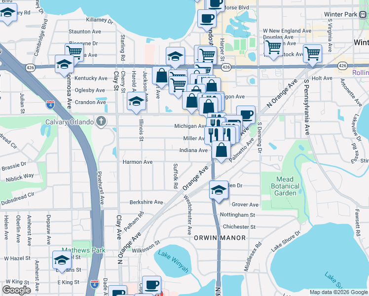 map of restaurants, bars, coffee shops, grocery stores, and more near 1335 Indiana Avenue in Winter Park