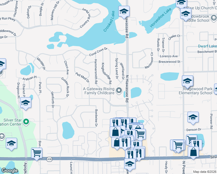 map of restaurants, bars, coffee shops, grocery stores, and more near 3117 Knightsbridge Road in Orlando