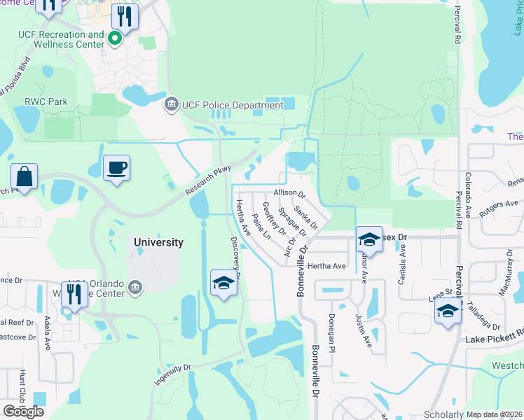 map of restaurants, bars, coffee shops, grocery stores, and more near 2900 Geoffrey Drive in Orlando
