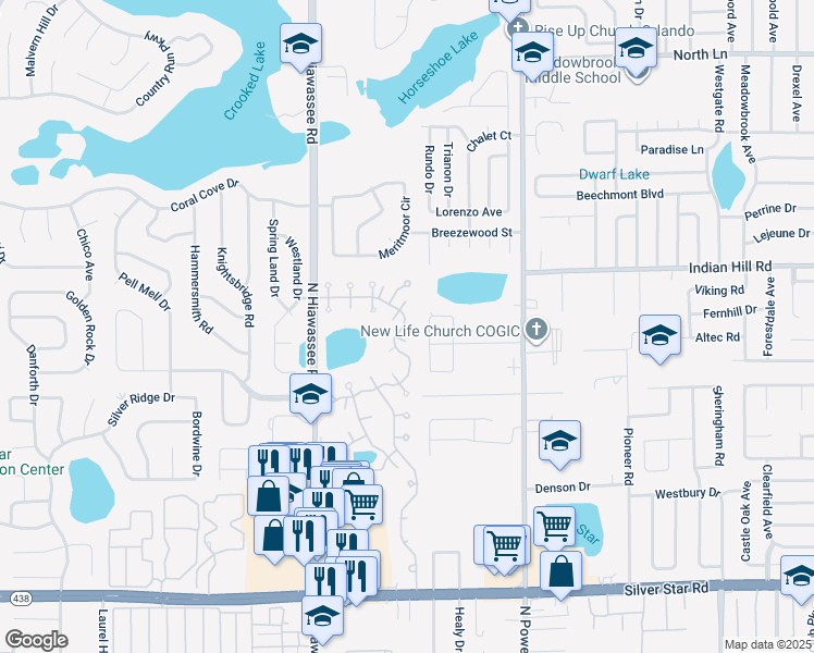 map of restaurants, bars, coffee shops, grocery stores, and more near 6589 Stardust Lane in Pine Hills