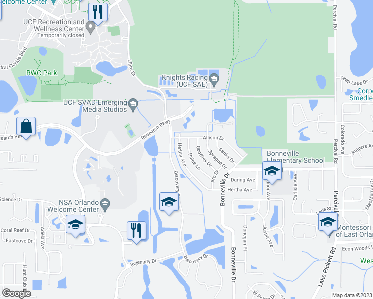 map of restaurants, bars, coffee shops, grocery stores, and more near 2906 Paine Lane in Orlando