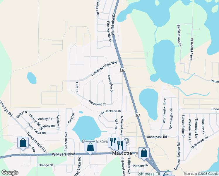 map of restaurants, bars, coffee shops, grocery stores, and more near 1795 Torrington Drive in Mascotte