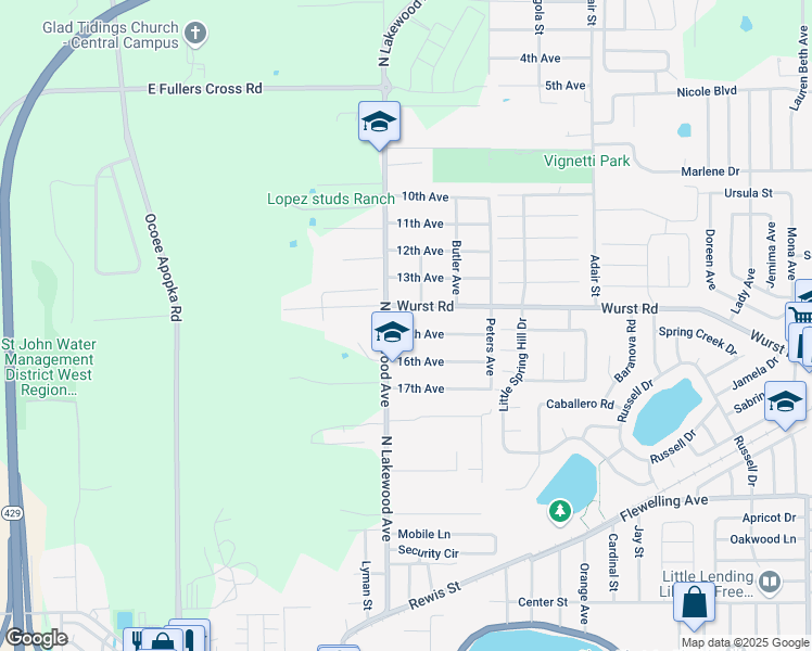 map of restaurants, bars, coffee shops, grocery stores, and more near 104 15th Avenue in Ocoee