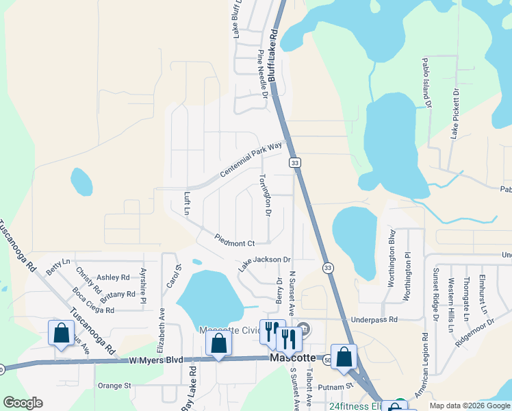 map of restaurants, bars, coffee shops, grocery stores, and more near 1795 Torrington Drive in Mascotte