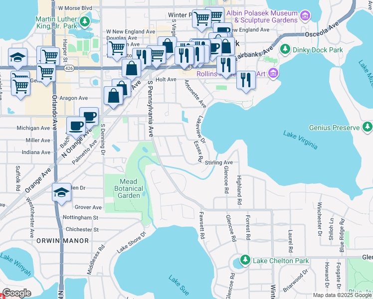 map of restaurants, bars, coffee shops, grocery stores, and more near 1274 Richmond Road in Winter Park