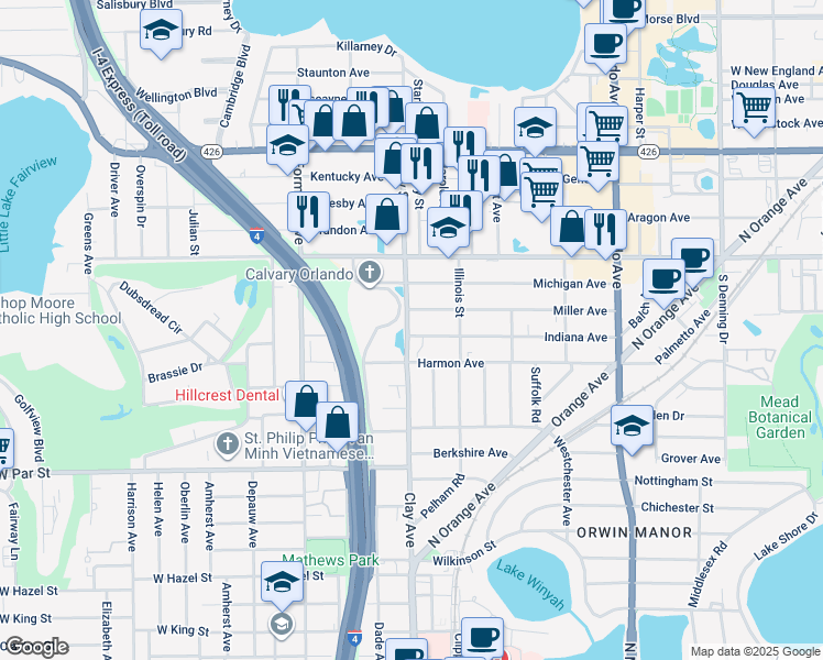 map of restaurants, bars, coffee shops, grocery stores, and more near 1781 Indiana Avenue in Winter Park
