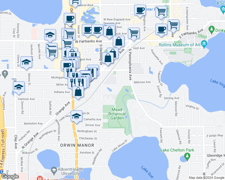 map of restaurants, bars, coffee shops, grocery stores, and more near 700 Melrose Avenue in Winter Park