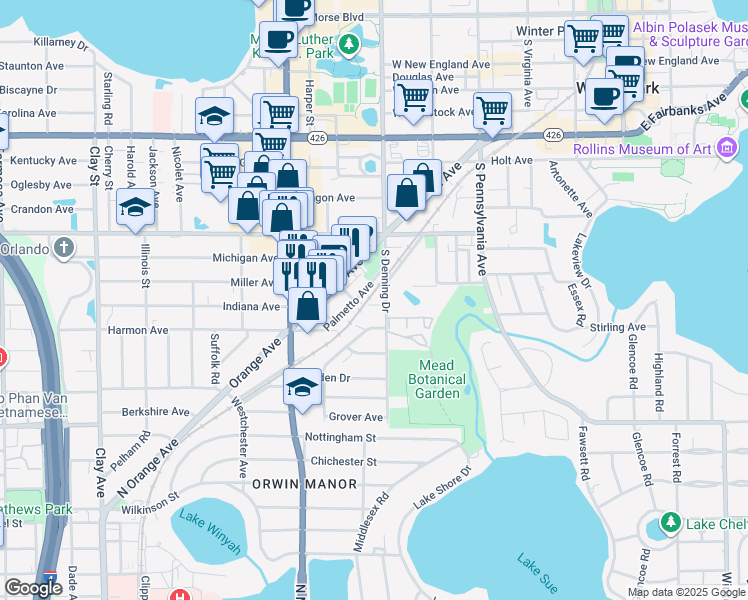 map of restaurants, bars, coffee shops, grocery stores, and more near 931 Cypress Avenue in Winter Park