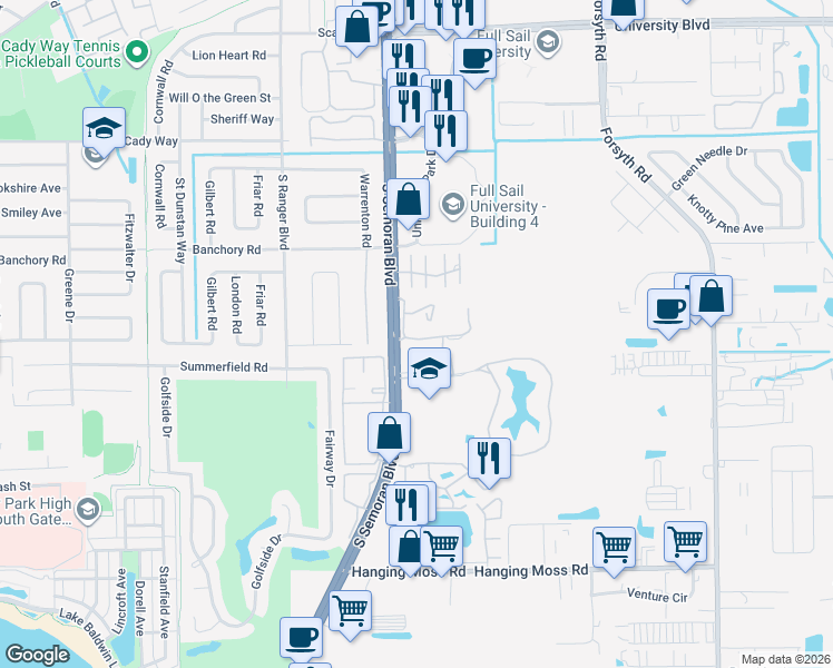 map of restaurants, bars, coffee shops, grocery stores, and more near 217 Scottsdale Square in Winter Park