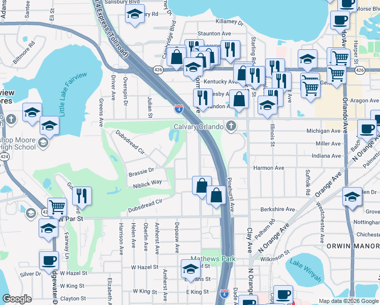map of restaurants, bars, coffee shops, grocery stores, and more near 3603 Midiron Drive in Winter Park