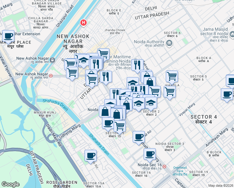 map of restaurants, bars, coffee shops, grocery stores, and more near in Noida