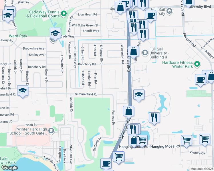map of restaurants, bars, coffee shops, grocery stores, and more near 739 Roughbeard Road in Winter Park