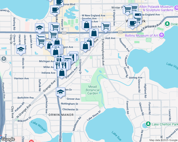 map of restaurants, bars, coffee shops, grocery stores, and more near 700 Melrose Avenue in Winter Park
