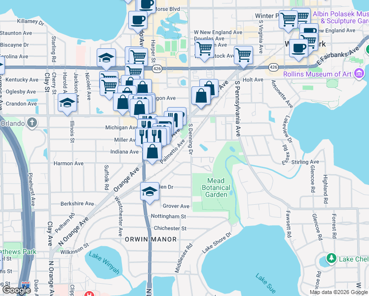 map of restaurants, bars, coffee shops, grocery stores, and more near 931 Cypress Avenue in Winter Park