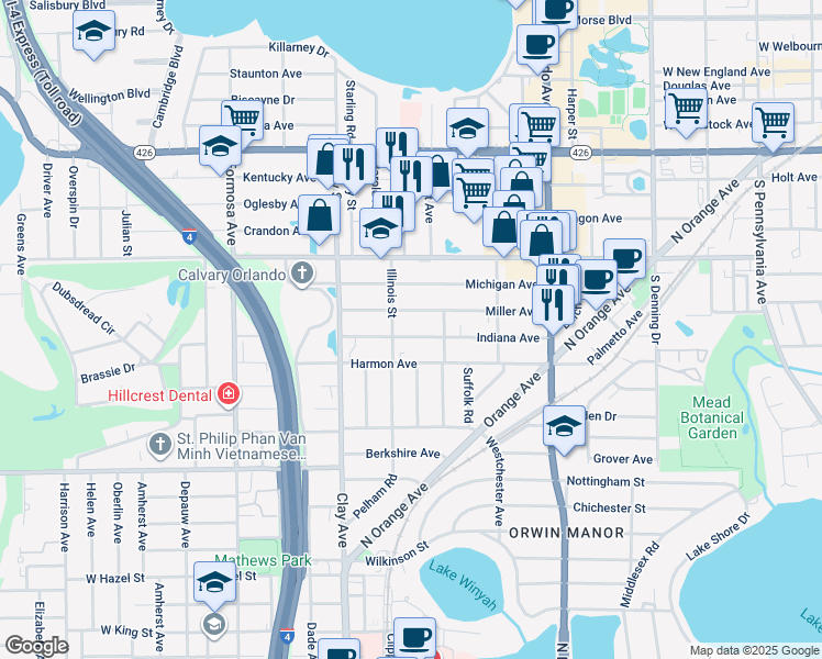 map of restaurants, bars, coffee shops, grocery stores, and more near 1545 Indiana Avenue in Winter Park