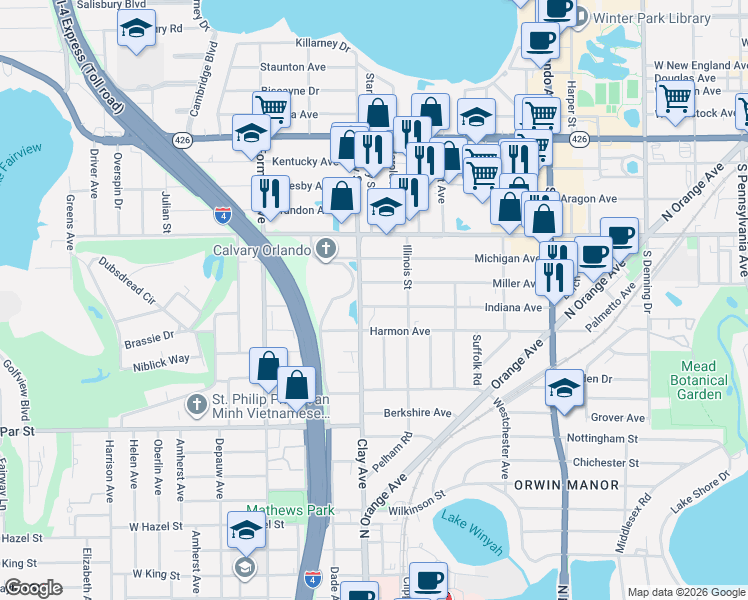 map of restaurants, bars, coffee shops, grocery stores, and more near 1737 Indiana Avenue in Winter Park