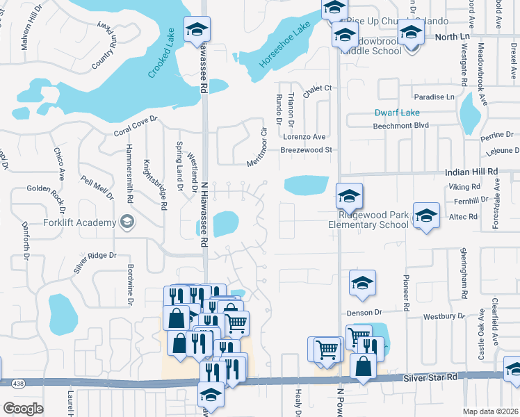 map of restaurants, bars, coffee shops, grocery stores, and more near 6589 Stardust Lane in Pine Hills