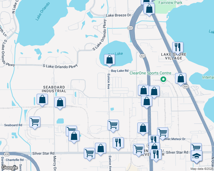 map of restaurants, bars, coffee shops, grocery stores, and more near 3457 Seneca Club Loop in Orlando