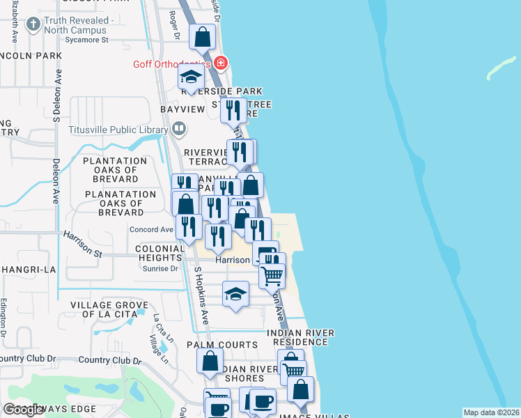 map of restaurants, bars, coffee shops, grocery stores, and more near 2465 South Washington Avenue in Titusville