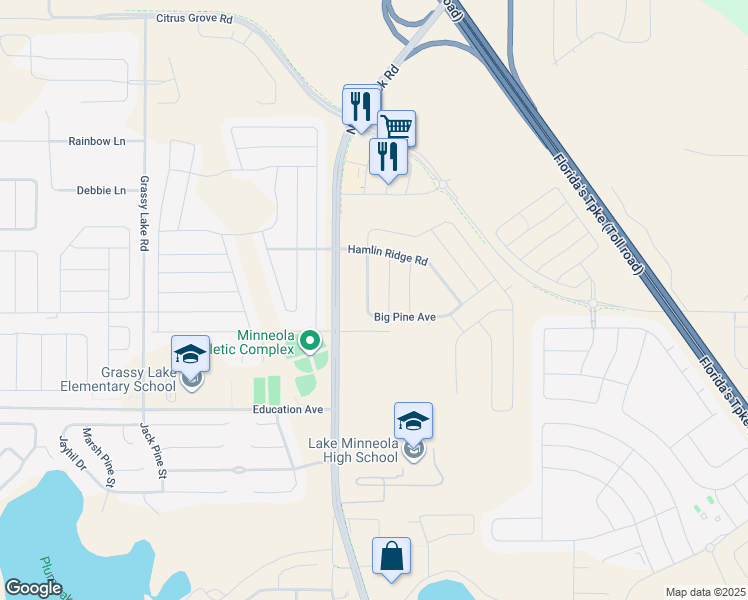map of restaurants, bars, coffee shops, grocery stores, and more near 641 Big Pine Avenue in Minneola