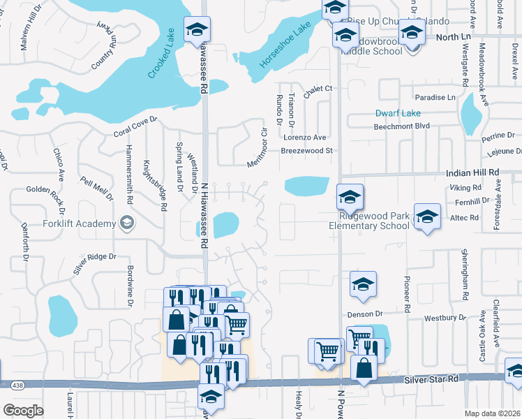 map of restaurants, bars, coffee shops, grocery stores, and more near 6589 Stardust Lane in Pine Hills