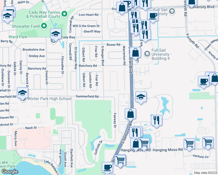 map of restaurants, bars, coffee shops, grocery stores, and more near 739 Roughbeard Road in Winter Park