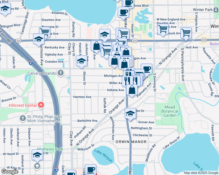 map of restaurants, bars, coffee shops, grocery stores, and more near 1335 Indiana Avenue in Winter Park