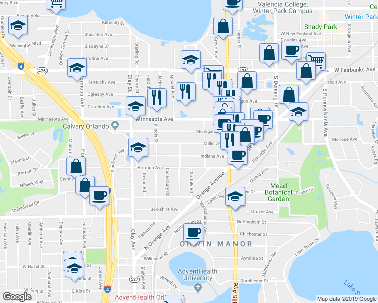 map of restaurants, bars, coffee shops, grocery stores, and more near 1150 Wisconsin Avenue in Winter Park