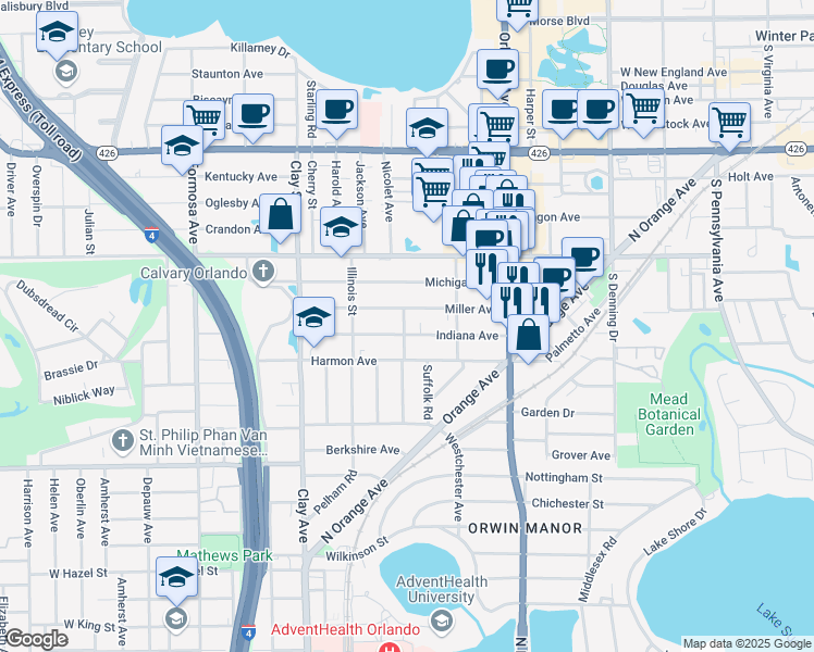 map of restaurants, bars, coffee shops, grocery stores, and more near 1150 Wisconsin Avenue in Winter Park