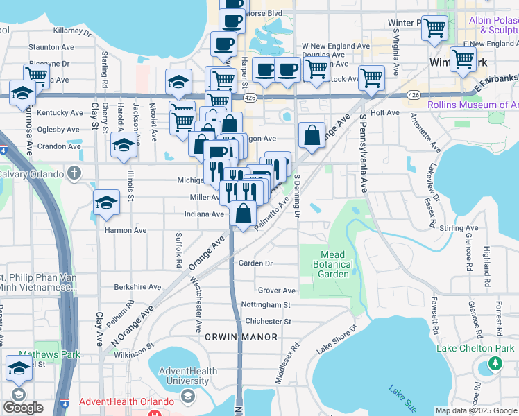 map of restaurants, bars, coffee shops, grocery stores, and more near 1302 North Orange Avenue in Winter Park