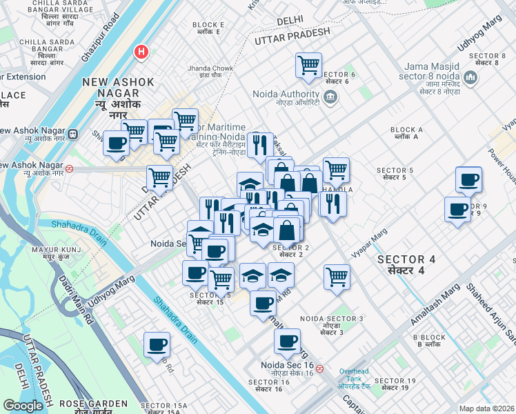 map of restaurants, bars, coffee shops, grocery stores, and more near in Noida