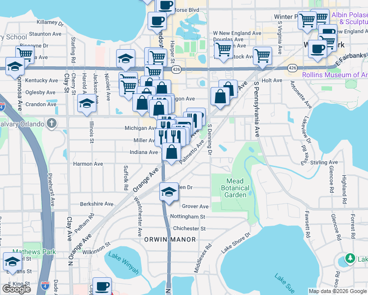 map of restaurants, bars, coffee shops, grocery stores, and more near 1302 Orange Avenue in Winter Park