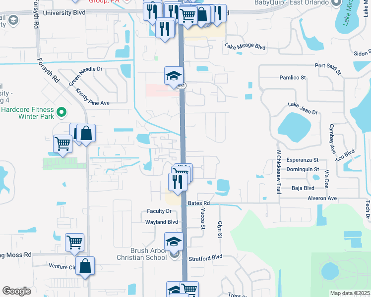 map of restaurants, bars, coffee shops, grocery stores, and more near 7507 Cranes Creek Court in Winter Park